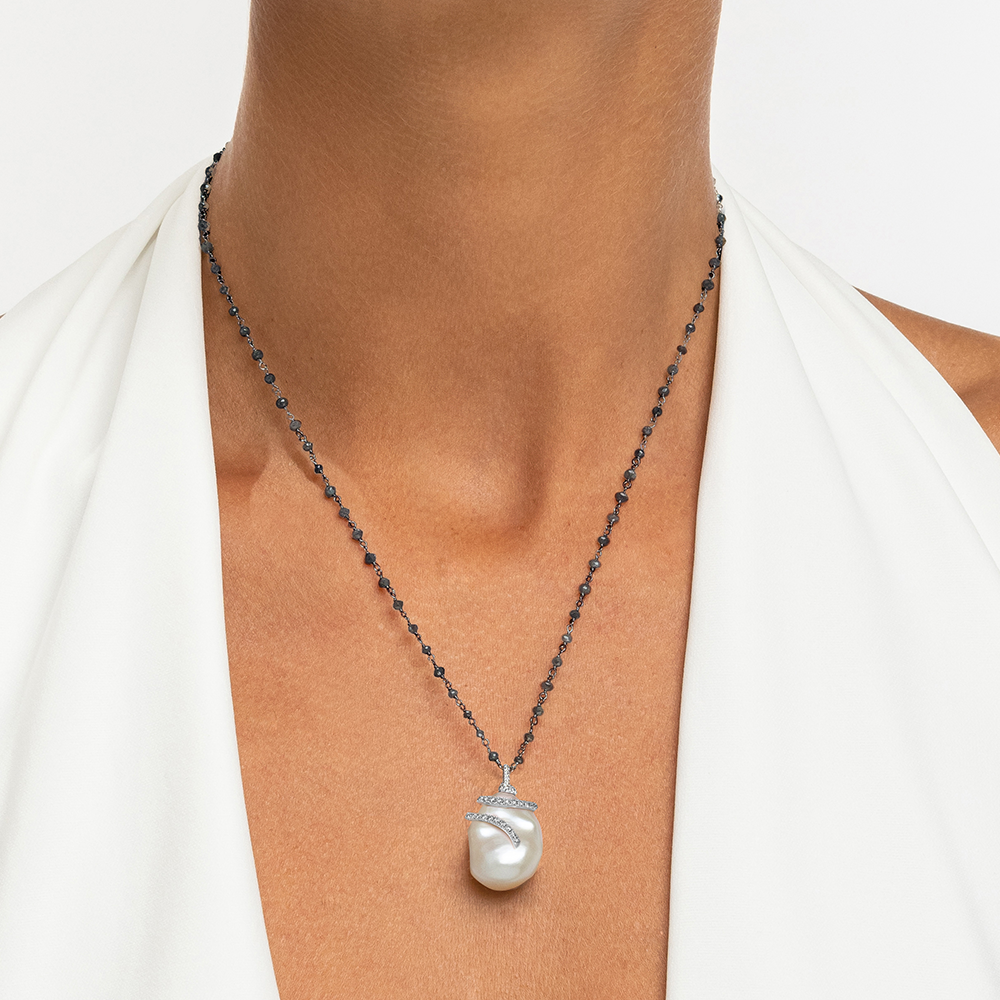 Black & White Baroque Pearl and Diamond Necklace in 18K White Gold