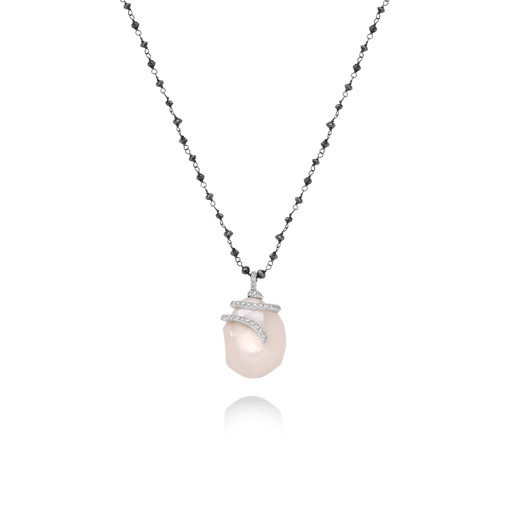 Black & White Baroque Pearl and Diamond Necklace in 18K White Gold