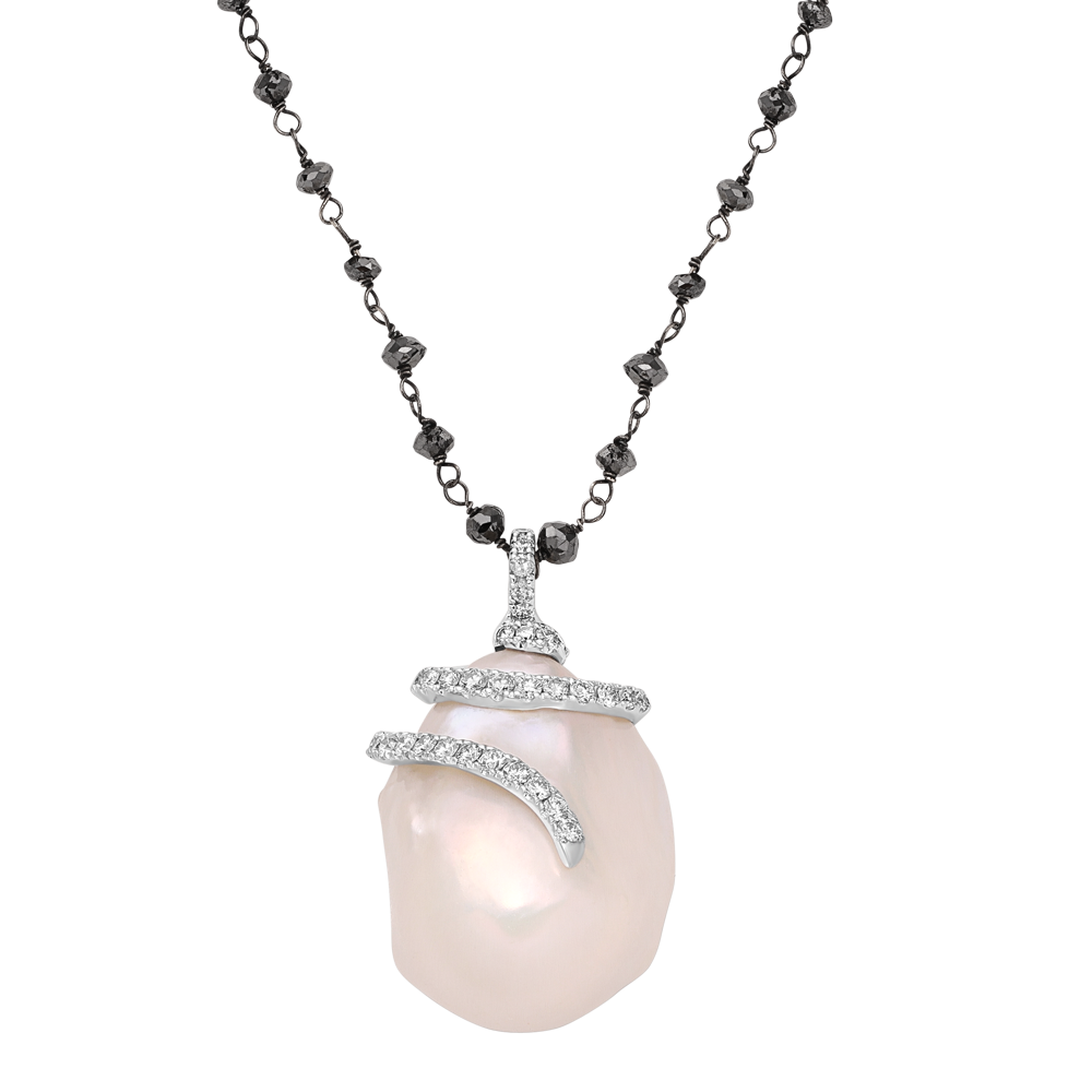 Black & White Baroque Pearl and Diamond Necklace in 18K White Gold